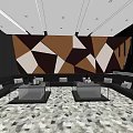 KTV Interior With Brown White Geometric Pattern Wall Black Sofas Glass Coffee Tables Ceiling Lights 3d model
