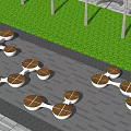 Modern Outdoor Landscape Seats With Wooden Tops And White Bases On Gray Pavement