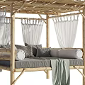 Cozy Outdoor Sofa With Wooden Pergola White Curtains Gray Cushions And Green Throw Blanket