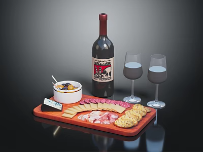 Charcuterie Platter with Sliced Meats Cheese Crackers Dip and Red Wine Glasses 3d model