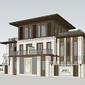 Modern Chinese Style Townhouse Exterior Design With Stone Walls Large Windows And Porch Greenery