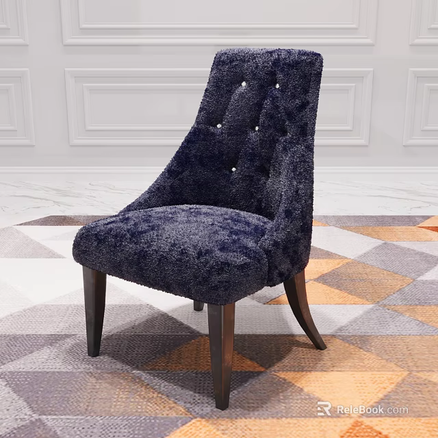 Navy Blue Plush Accent Chair With Tufted Buttons And Dark Wooden Legs On Geometric Rug 3d model 