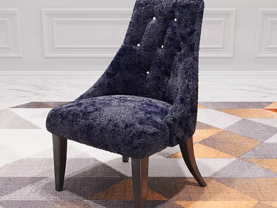 Navy Blue Plush Accent Chair With Tufted Buttons And Dark Wooden Legs On Geometric Rug 3d model