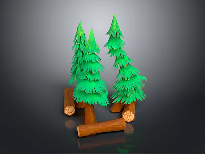 Stylized 3D Green Pine Trees With Natural Wooden Logs Decoration 3d model