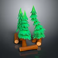 Stylized 3D Green Pine Trees With Natural Wooden Logs Decoration