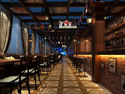 Retro Restaurant Interior Featuring Brick Walls Wooden Decor Colorful Flags And Patterned Floor Tiles 3d model