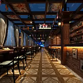 Retro Restaurant Interior Featuring Brick Walls Wooden Decor Colorful Flags And Patterned Floor Tiles