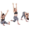Three Women Performing Various Dance Poses In Activewear On Black Background With Floor Reflections