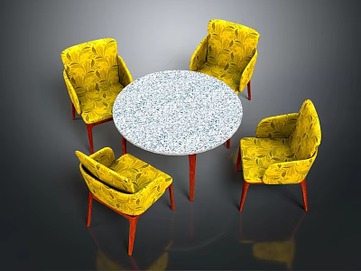 Round Speckled Table with Patterned Yellow Chairs and Red Legs Modern Dining Set 3d model