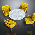 Round Speckled Table with Patterned Yellow Chairs and Red Legs Modern Dining Set