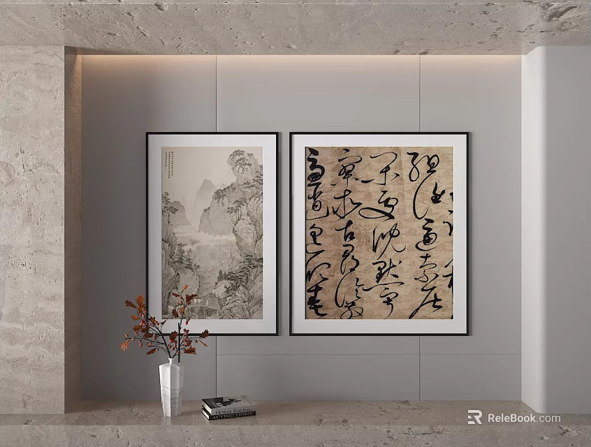 Landscape Painting In Modern Interior With Two Framed Artworks Light Wall Vase And Book Decor 3d model 