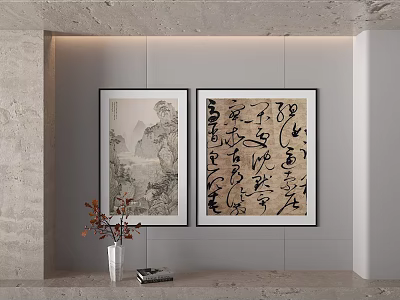 Landscape Painting In Modern Interior With Two Framed Artworks Light Wall Vase And Book Decor 3d model