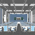Spacious Science Laboratory Interior With Blue Walls Tables Chairs And Lighting 3d model