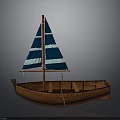 Wooden Sailboat Featuring Blue And White Striped Sail Wooden Hull And Seats