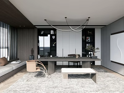 Modern Study Room Interior With Dark Wooden Elements Long Desk Hanging Chandelier And Floor To Ceiling Windows 3d model