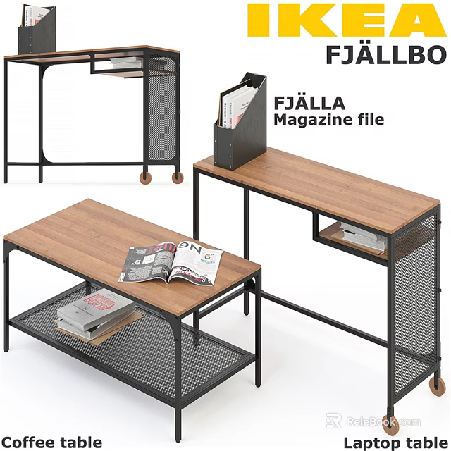 Stylish Dining Table With Wooden Top Black Metal Frame Wheels And Magazines 3d model 