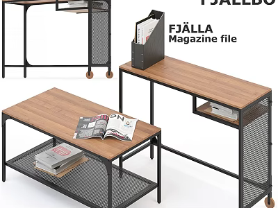 Stylish Dining Table With Wooden Top Black Metal Frame Wheels And Magazines 3d model