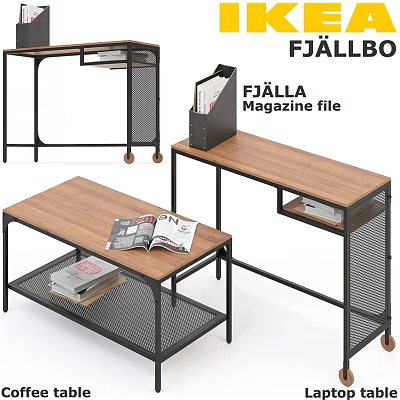 Stylish Dining Table With Wooden Top Black Metal Frame Wheels And Magazines 3d model