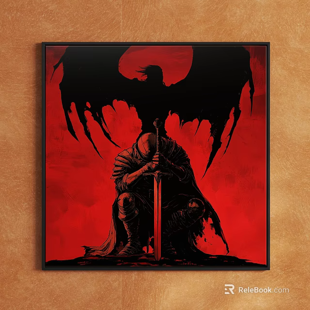 Kneeling Warrior Character Painting With Long Sword Red Background And Black Winged Creature 3d model 