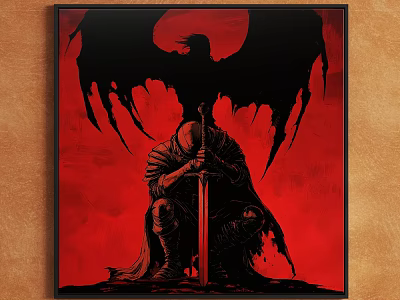 Kneeling Warrior Character Painting With Long Sword Red Background And Black Winged Creature 3d model