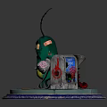 Green Insect Character with Antennae Holding Weapon and Metal Mailbox on Base with Flecktog Text