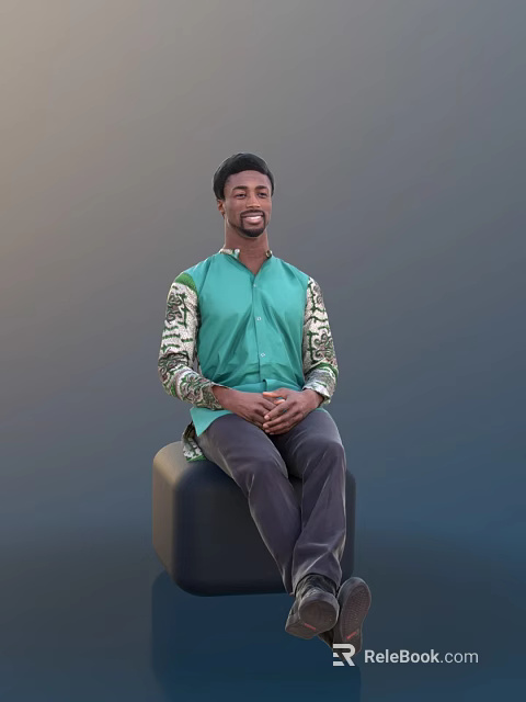 Man In Green Shirt With Camouflage Sleeves Sitting On Black Stool Hands Clasped Gray Background 3d model 