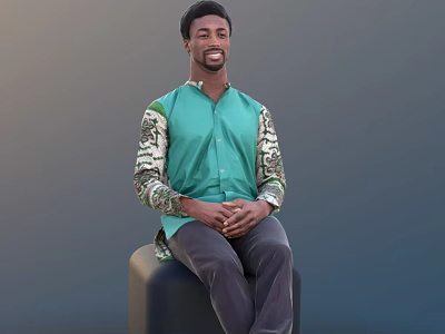 Man In Green Shirt With Camouflage Sleeves Sitting On Black Stool Hands Clasped Gray Background 3d model