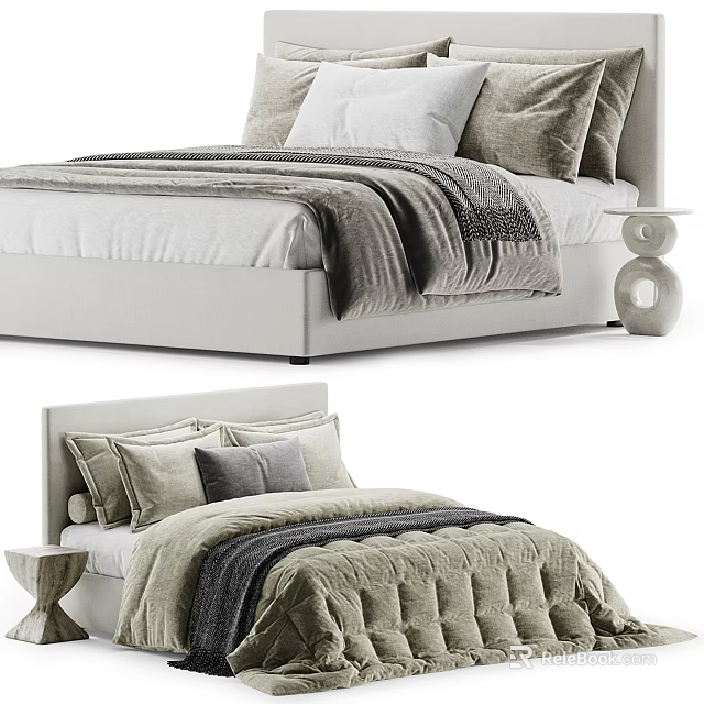 Modern Double Bed Bedroom Interior With Soft Pillows Cozy Blankets And Round Bedside Table 3d model 