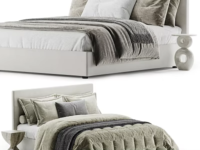 Modern Double Bed Bedroom Interior With Soft Pillows Cozy Blankets And Round Bedside Table 3d model