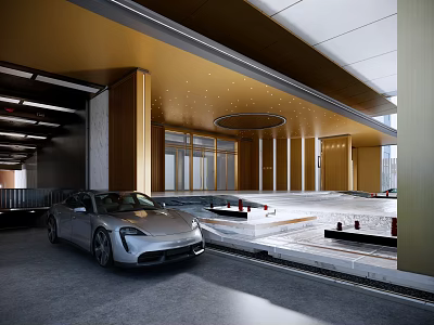 Modern Entrance Gate Design With Metal Structure Glass Doors And Silver Sports Car 3d model