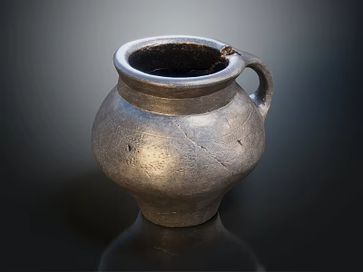 Glazed Silver Clay Pot Shaped Fish Tank Aquarium With Handle On Black Surface 3d model