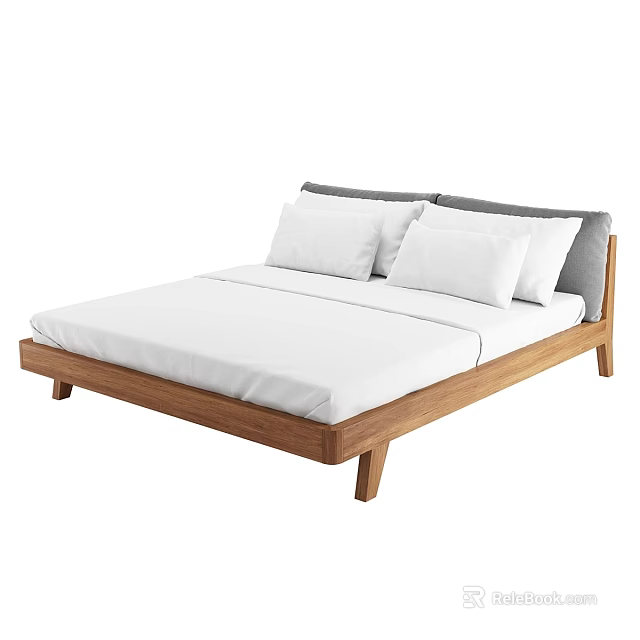 Modern Wooden Frame Bed with White Mattress Sheets and Pillows 3d model