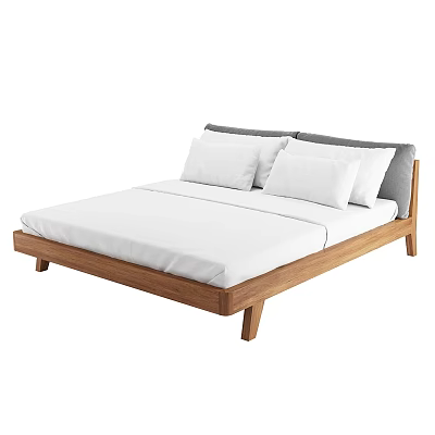 Modern Wooden Frame Bed with White Mattress Sheets and Pillows 3d model
