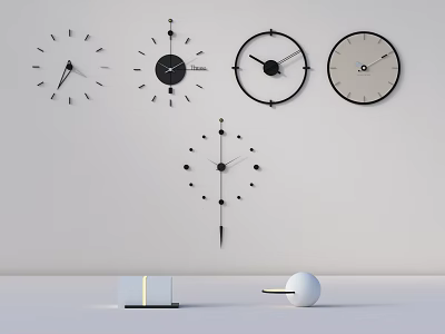 Modern Wall Clocks With Various Designs On White Wall And Minimalist Decor 3d model