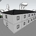 Two Story Detached Villa With Gray Brick Walls Black Roof And Trees In Open Area