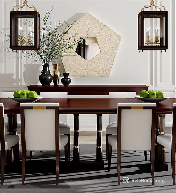Modern Dark Wood Dining Table Set With White Upholstered Chairs Gold Accents And Green Apples 3d model 