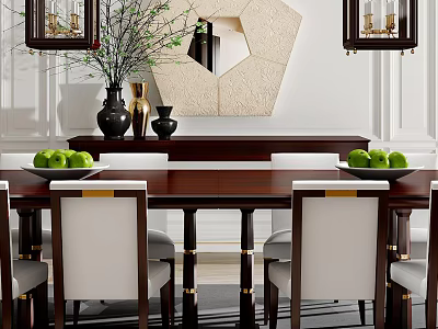 Modern Dark Wood Dining Table Set With White Upholstered Chairs Gold Accents And Green Apples 3d model