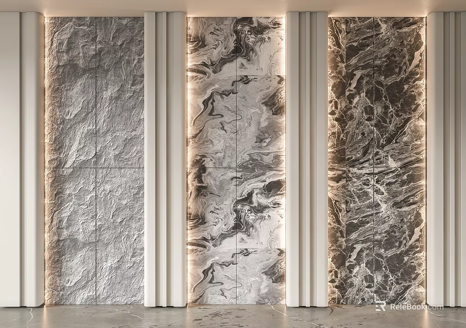 Modern Decorative Wall Panels With Various Textures Marble Patterns And Ambient Lighting 3d model 