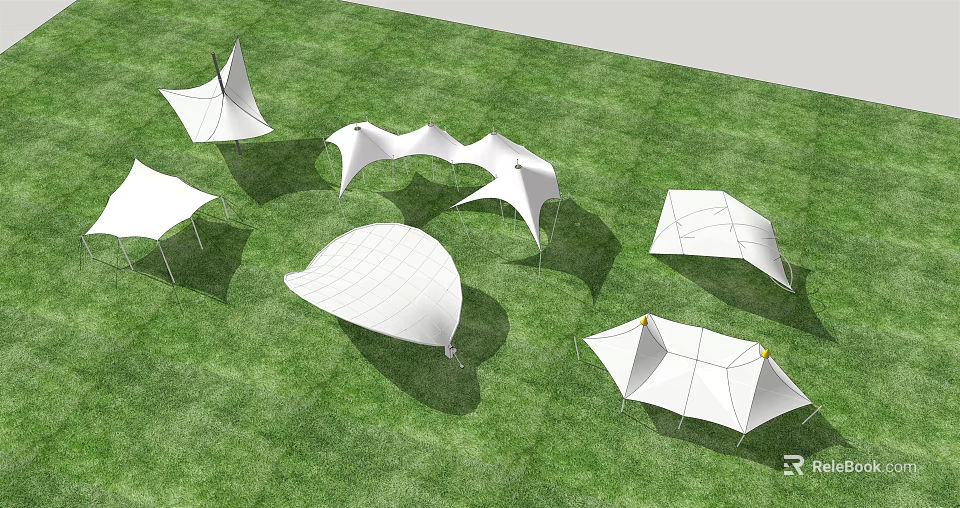 Modern Tensile Membrane Structures In Various Shapes On Green Grass Field 3d model 