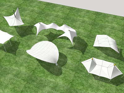 Modern Tensile Membrane Structures In Various Shapes On Green Grass Field 3d model