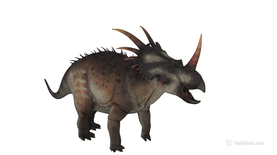 Ancient Reptile With Multiple Horns Back Spikes And Spotted Striped Skin 3d model 