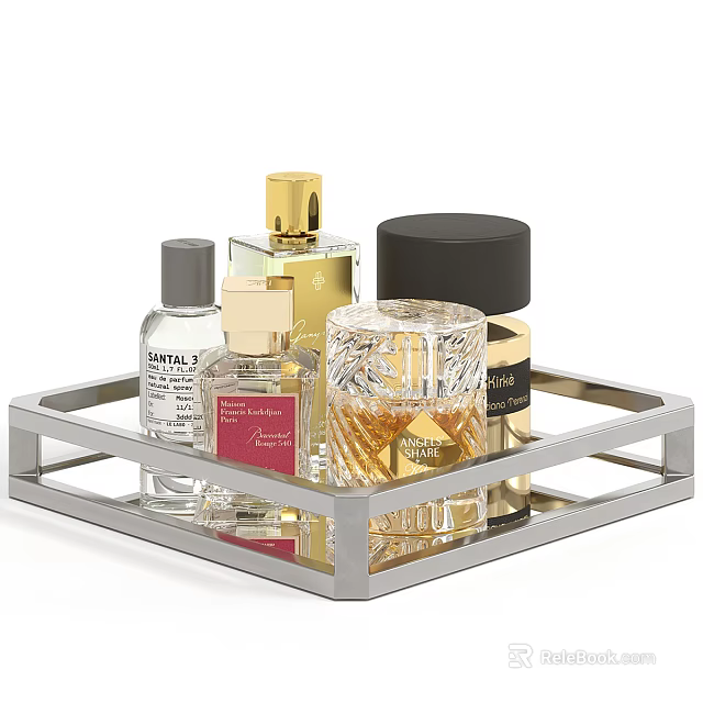 Elegant Perfume Cosmetics Displayed On Metal Tray With Glass Bottles And Gold Caps 3d model 