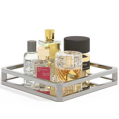 Elegant Perfume Cosmetics Displayed On Metal Tray With Glass Bottles And Gold Caps 3d model