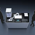 Automated Workstation With Robotic Arm And Human Silhouettes In Modern Setting