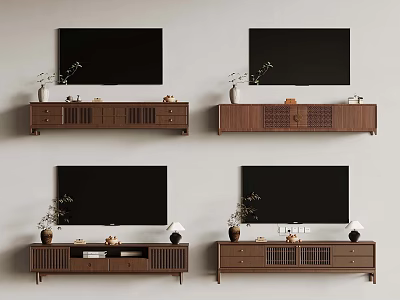 Wooden TV Stand Designs With TV And Decorative Items In Various Styles 3d model
