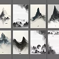 Chinese Ink Landscape Paintings With Mountain Clouds Water And Eight Panels