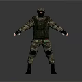 Tactical Soldier In Camouflage Uniform With Helmet Vest And Knee Pads Standing On Gray Background