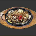 Delicious Fried Noodles with Cabbage and Red Chili Slices on Iron Plate Wooden Tray