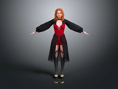 Red Haired Woman In Red Corset Black Robe And Gold Shoes With Arms Outstretched 3d model