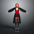 Red Haired Woman In Red Corset Black Robe And Gold Shoes With Arms Outstretched